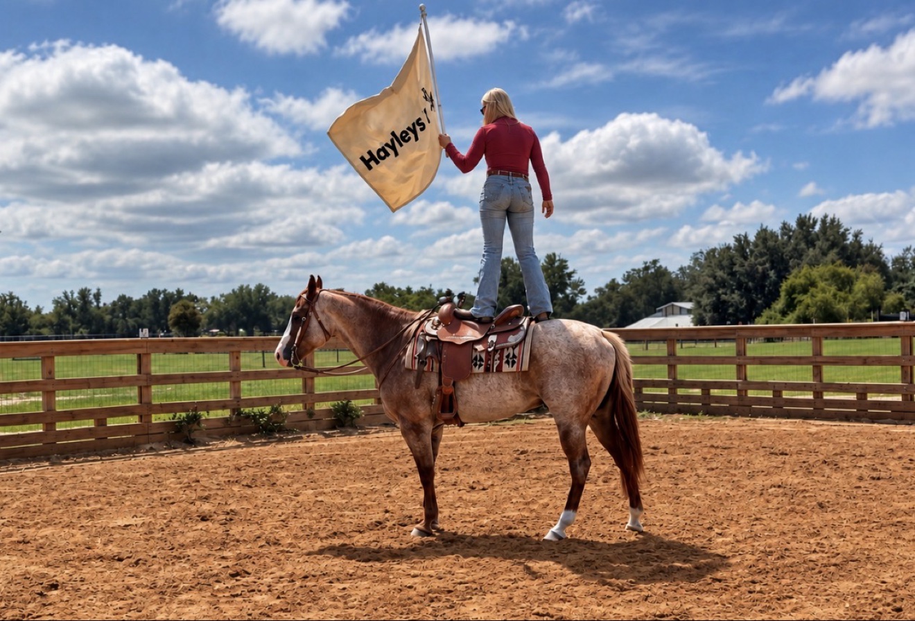 Hayley standing on Struttin Cowboy’s back with a flag in the arena